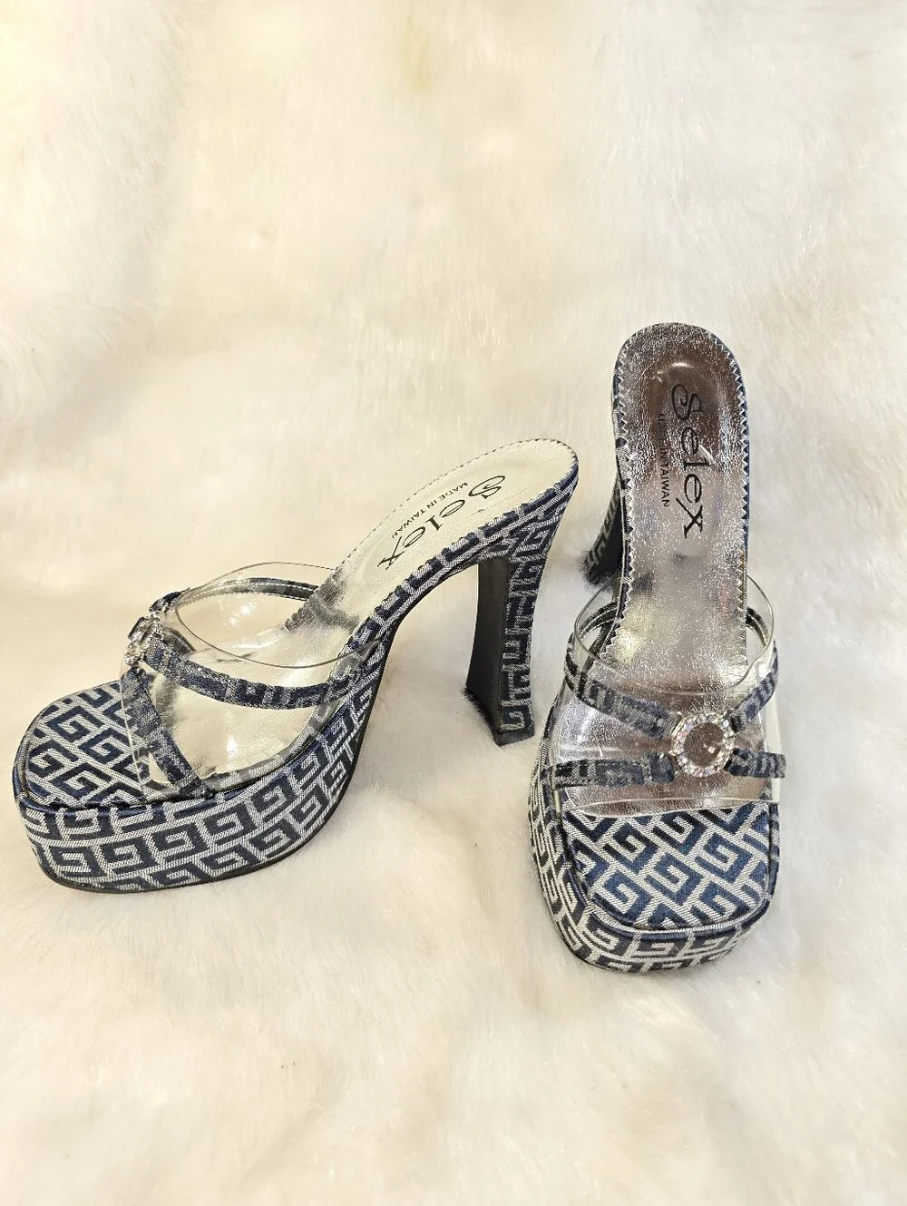 Selex Womens Navy & Siver Platform Mule Slide Sandals